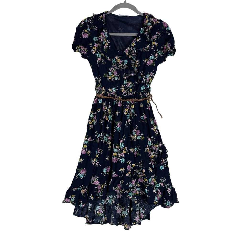 Beautees Dress Girls 14 Blue Floral Hi Low Ruffle Puff Sleeve Belted Party